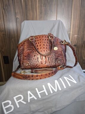 Brahmin Cognac Embossed Leather Satchel with Tassel